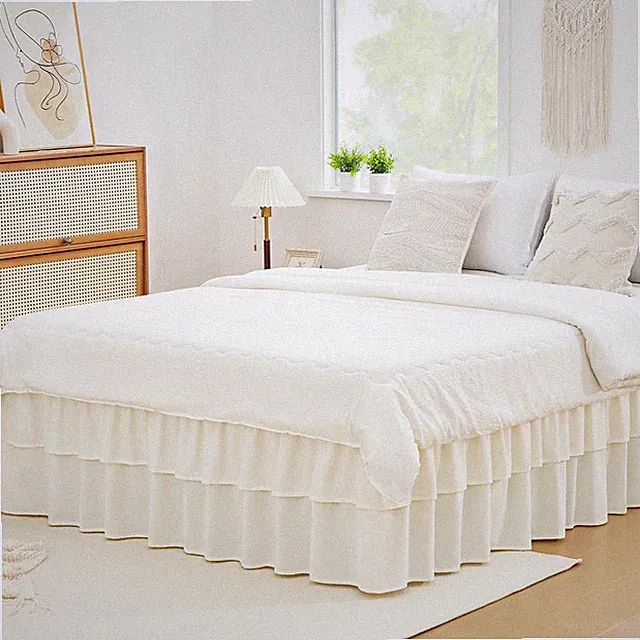 2 Layer Bedskirt,Ivory Queen Size Bed Skirt 18 Inch Drop Easy to Put On,Elastic