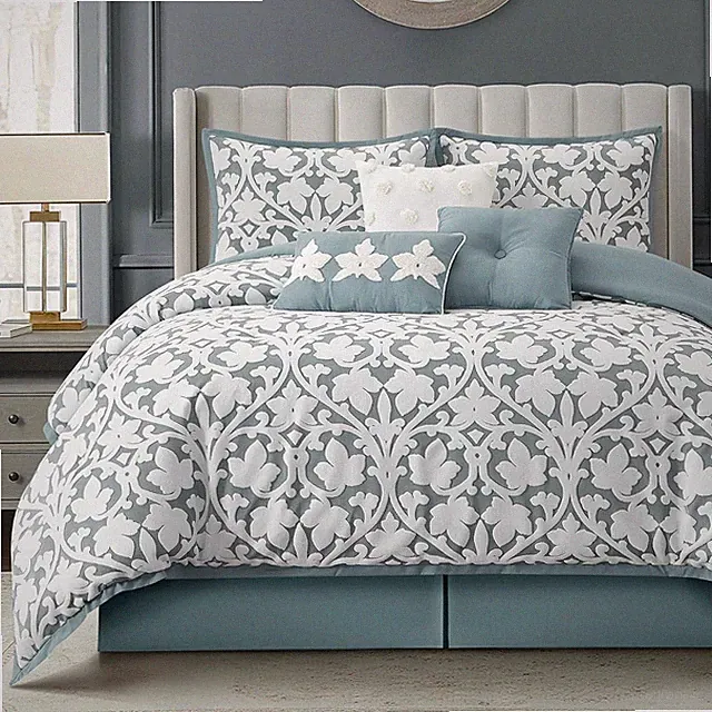 Elegant Blue Jacquard Floral 7-Piece King Comforter Set with Pillows & Skirt