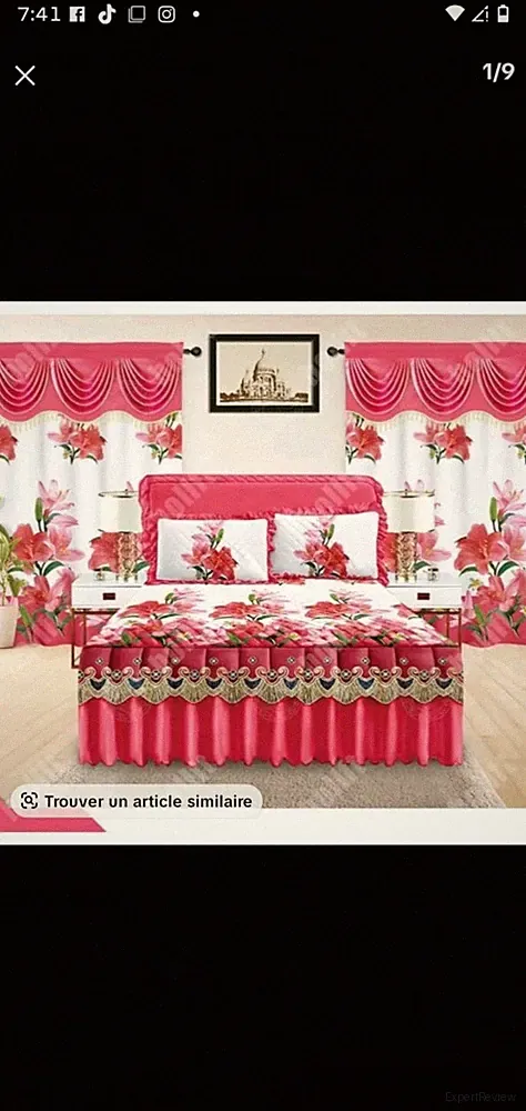 Floral Bedding Set with Duvet Cover, Pillowcase, Curtains, Bed Skirt, Pink Red