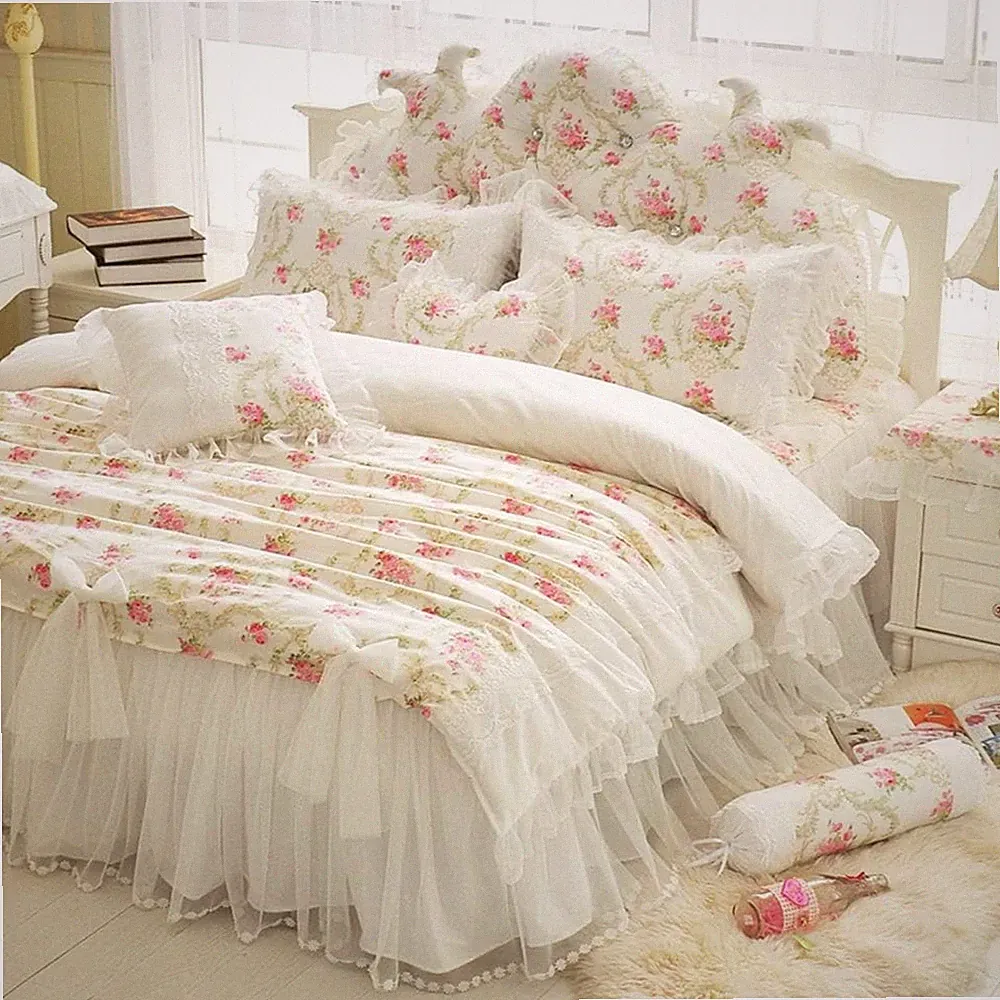 Floral Princess Lace Ruffle Twin Duvet Cover Set with Bed Skirt
