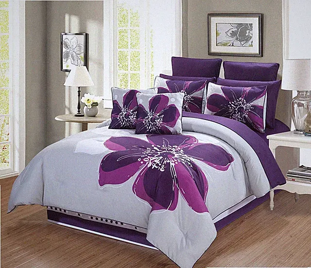 Floral Queen Bedding Set - 12-Piece Grey & Purple Comforter with Pillows