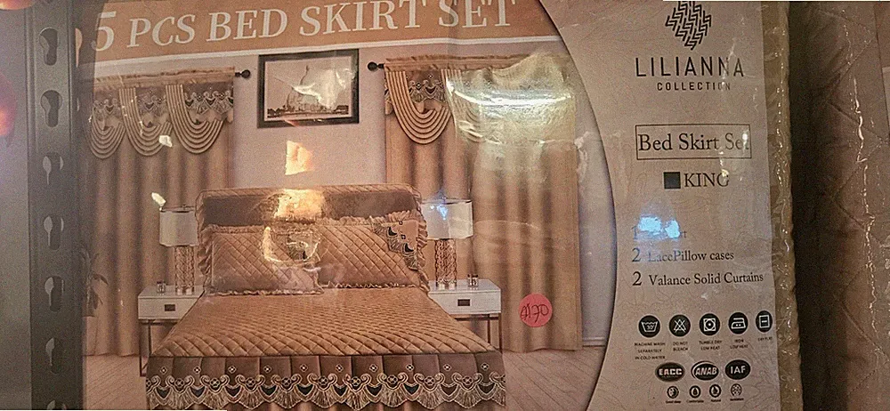 Lilianna Collection 5PC King Bed Skirt Set Beige Quilted Lace Embroidered