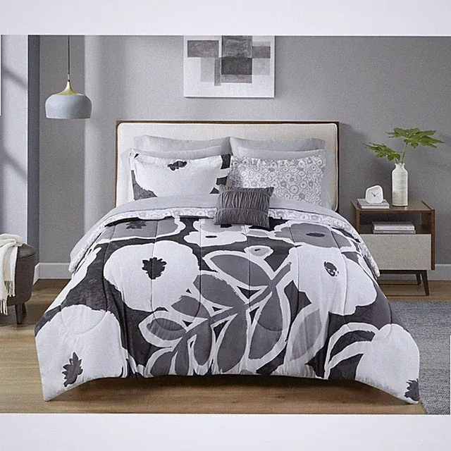 Mainstays 11 Piece Queen Size Bed Set with sheets - Black & White Floral Pattern