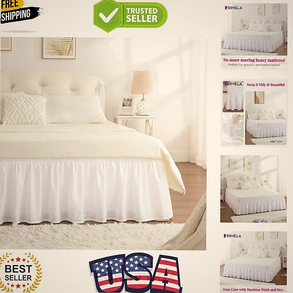 Queen Bed Skirt 14 Inch Drop White, Wrap Around Elastic Bed Skirts Queen Size...