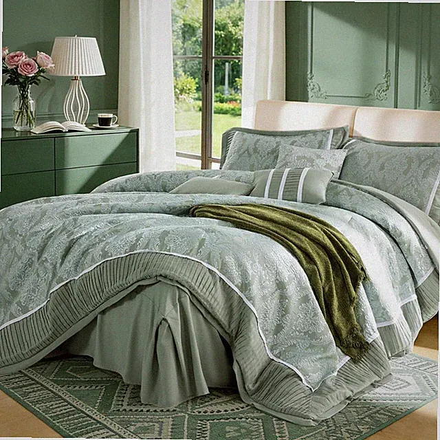 Queen Size Comforter Set 7 Piece, Jacquard Woven with Damask, Bedding Set in a B