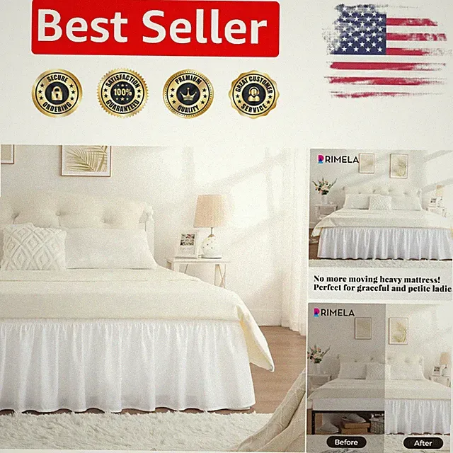 Queen Size White Bed Skirt with 18 Inch Drop - Lightweight & Adjustable Design