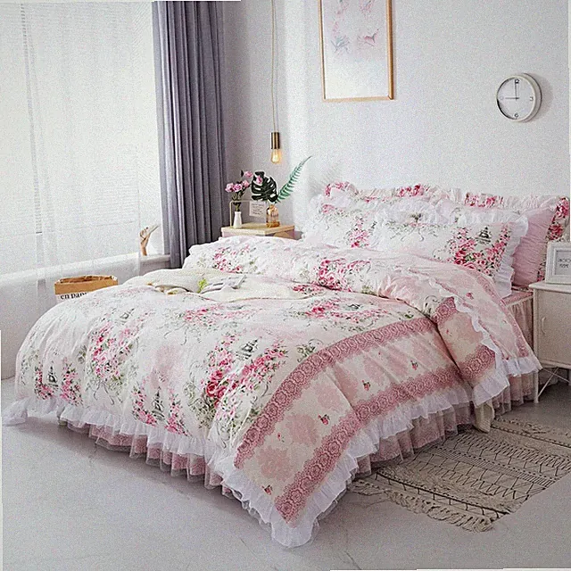 Romantic Floral Bedding Set with Lace Ruffle - 4PC Full Size Duvet Cover