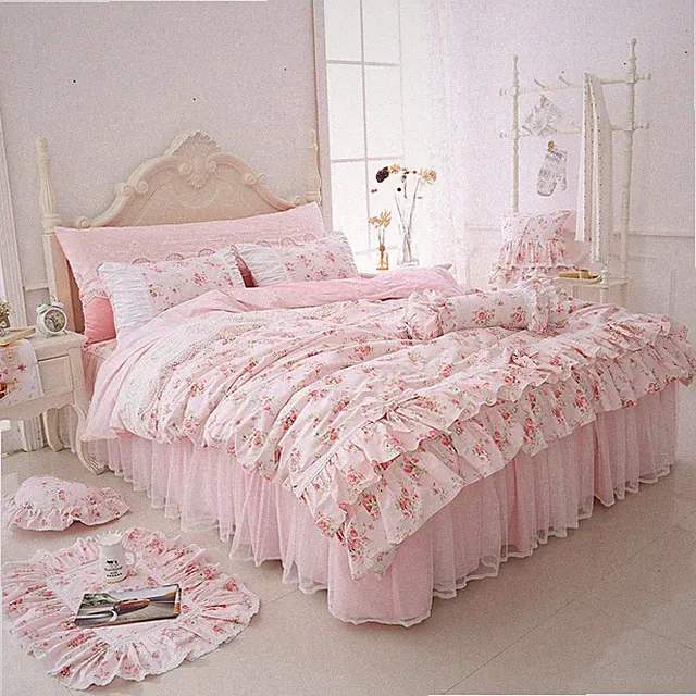 Romantic Roses Print Duvet Cover Set with Bed Skirt Pink Lace Ruffle Floral S...