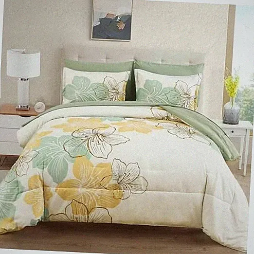 Sage Green Floral Comforter Set Size, 7 Pieces Bed in a Bag Glitter Queen Gold